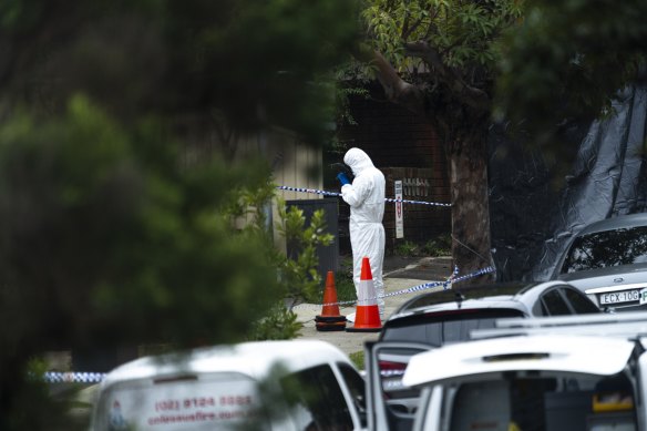 Forensic police investigate the shooting of a man in his 20s in Belmore.