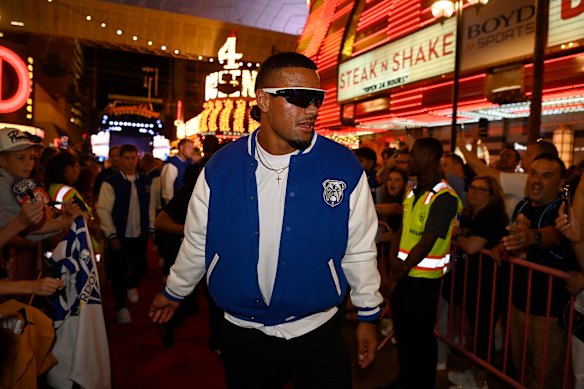 Stephen Crichton of the Bulldogs greets fans in Las Vegas as part of Peter V’landys’ push to take the game global.