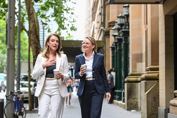 NSW Liberal Opposition Leader Kellie Sloane and Federal Liberal Opposition Leader Sussan Ley arrive at the NSW Liberal State Council Meeting in Sydney on Saturday.