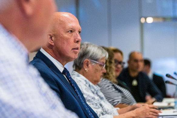 Opposition Leader Peter Dutton during talks with the referendum working group in February. 