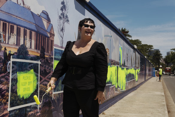 Construction of the Sydney Modern Project is creating a new home for art through the hoarding surrounding the site. Sydney artist Joan Ross with her piece using fluorescent yellow paint, which is a signature feature of her multidisciplinary work. 