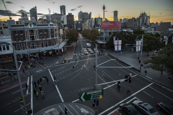 An aerial view of Taylor Square, where the brawl took place, at the intersection of Flinders and Oxford streets.