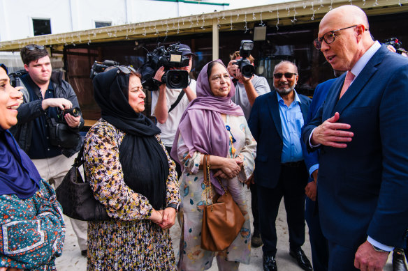 Opposition Leader Peter Dutton visits the Al Madinah Mosque in Leppington, Sydney, on Sunday.