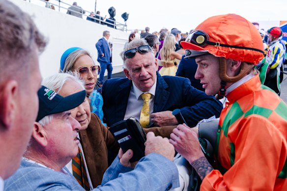 NSW upper house member Mark Latham after the 2024 Little Dance horse race at Randwick Racecourse.