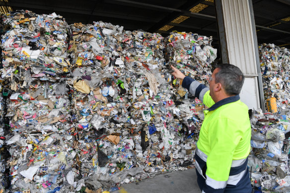 Plastic waste is stored for processing at a site in Laverton, Melbourne.