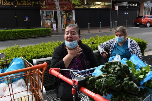 Mary Nano (left), with her groceries in Fairfield, was an early vaccine adopter although she says her health has suffered with months in lockdown.