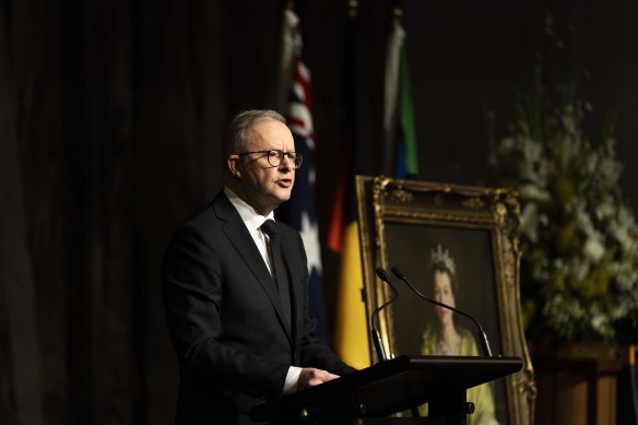 Prime Minister Anthony Albanese speaking during today’s service. 