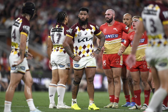 Payne Haas cuts a dejected figure as the Brisbane Broncos suffer an embarrassing defeat to the Dolphins.