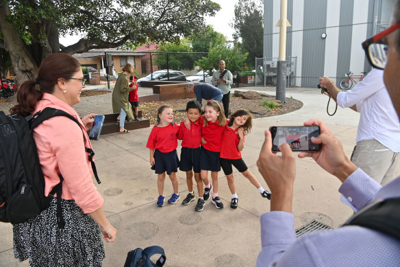 Year 1 students Eloise Manson, Julius Jungerth, Zoe Quirke and Devon Penn reunite for another school year at Fairfield Primary.