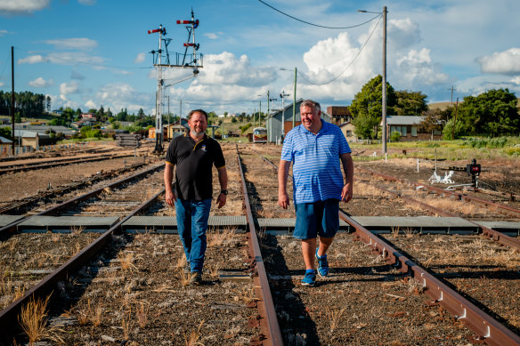 Cooma Monaro Railway president Gordon Strachan (left) and Cooma Monaro Railway spokesman Craig Moore in Cooma.