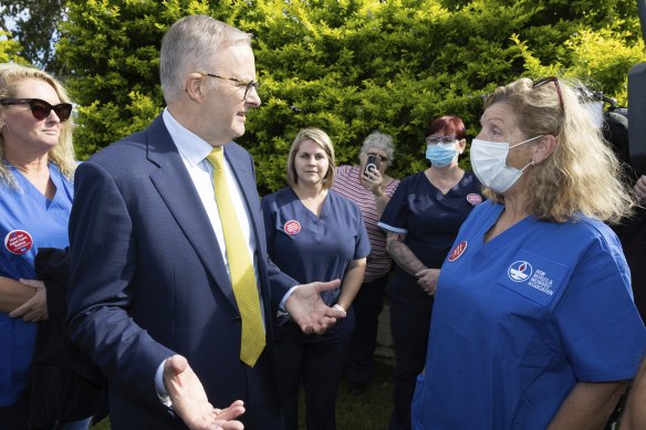Opposition Leader Anthony Albanese meets healthcare workers at Cessnock Hospital, in NSW, last month.