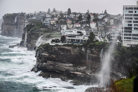Storm water streams off the cliffs at Dover Heights and Diamond Bay.  