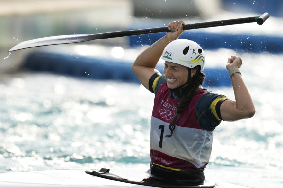 Jess Fox after crossing the finish line to win gold in Tokyo.