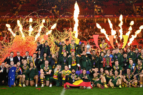 The winners of the Rugby League World Cup in the men’s, woman’s and wheelchair events at Old Trafford in Manchester, England in November 2022.