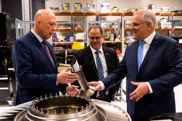 Peter Dutton and Scott Morrison during the federal election campaign in April. 