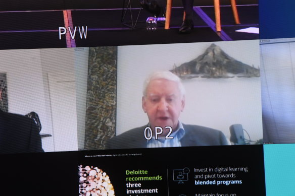 University of Melbourne higher education expert Professor Frank Larkins at a summit in 2020, when universities were acting to cut losses. He says universities have weathered COVID well.