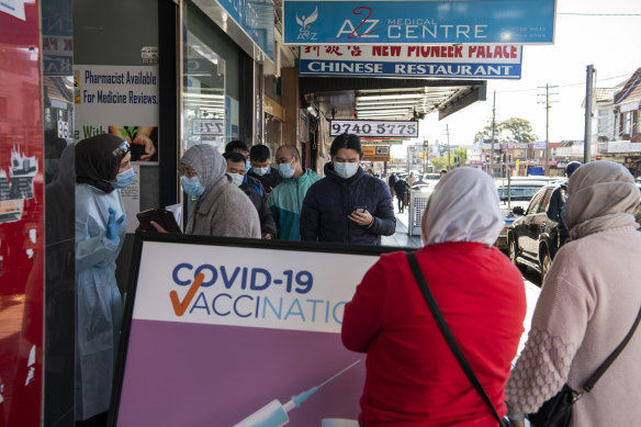 COVID-19 vaccination queues at Lakemba during Sydney’s lockdown in July.