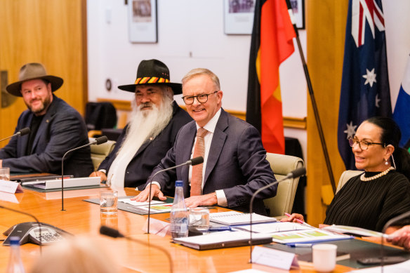 Prime Minister Anthony Albanese addresses the Indigenous referendum working group at a meeting in February. 