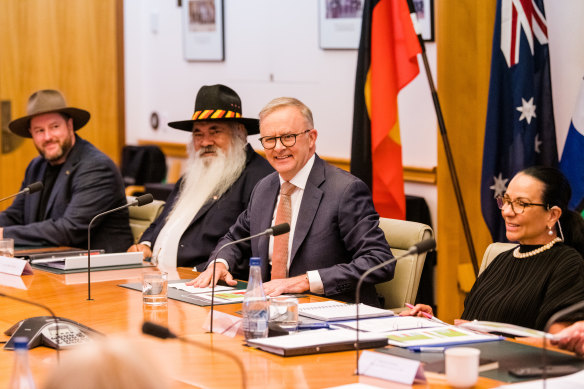 Prime Minister Anthony Albanese addresses the Referendum Working Group in February.