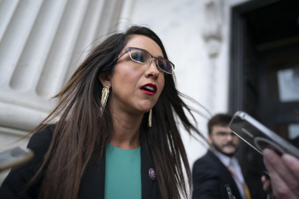 Representative Lauren Boebert, a member of the conservative House Freedom Caucus, leaves the chamber after the Republican-controlled House voted along party lines to censure Representative Adam Schiff.