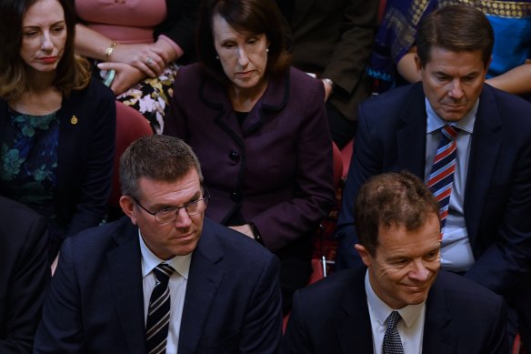 NSW National leader Dugald Saunders (left) and Opposition leader Mark Speakman (right) during ceremonies at the opening of parliament in Sydney on Tuesday.