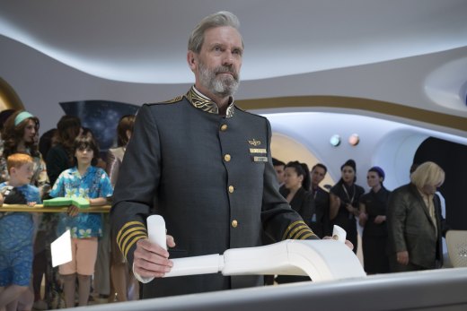 Hugh Laurie plays the captain of a luxury space cruise ship in the sci-fi spoof Avenue 5 on Foxtel.