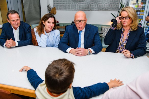 Opposition leader Peter Dutton visited South End Social cafe in Gosford in the division of Robertson with the Liberal candidate for Robertson Lucy Wicks where they met with working mothers.