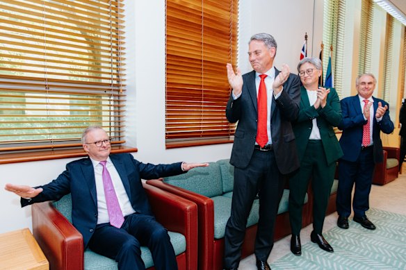 Applause for the PM: Albanese with ministers Richard Marles, Penny Wong and Don Farrell.
