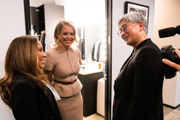 Stella Assange and Australian human rights lawyer Jennifer Robinson meet with Foreign Affairs Minister Penny Wong in the Nine/Sydney Morning Herald/Age Canberra bureau offices.