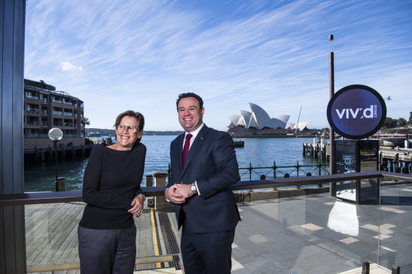 Vivid director Gill Minervini with Minister Stuart Ayres at the unveiling of the 2021 program.