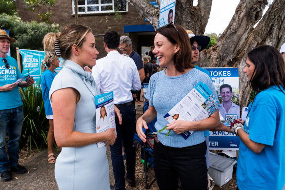 Sophie Scamps (right) campaigning for teal independent Jacqui Scruby at the 2023 state election. Scruby was elected in a byelection this month. 