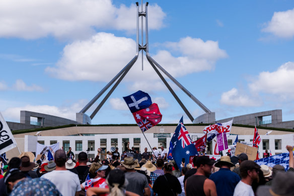 Anti-vaccine mandate protests outside Parliament House in Canberra in February.