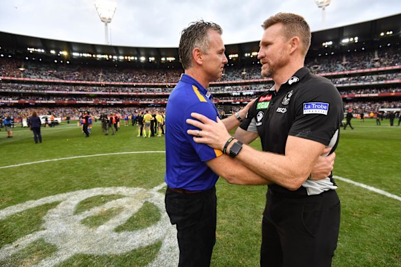 Adam Simpson and Nathan Buckley faced off as senior coaches in the 2018 grand final, but are in the media now and on Tasmania’s coaching shortlist.