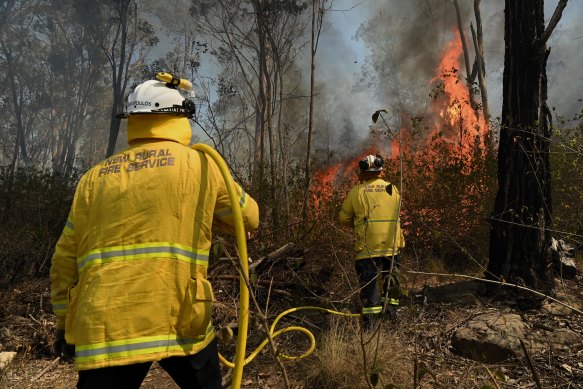 NSW Rural Fire Service workers control a bushfire from a property in Wallacia last week.