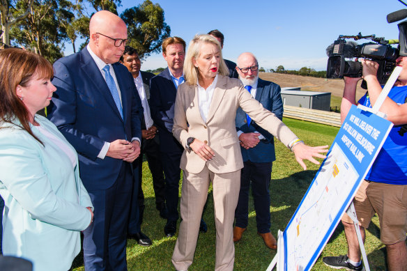 Opposition Leader Peter Dutton and Senator Bridget McKenzie at Marnong Estate winery on Tuesday in the Melbourne seat of Calwell, where they vowed to withdraw federal funding from the Suburban Rail Loop.
