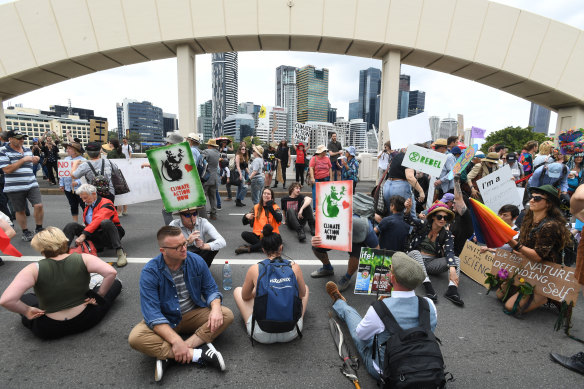 Activists from Extinction Rebellion take over the William Jolly Bridge in Brisbane in October.