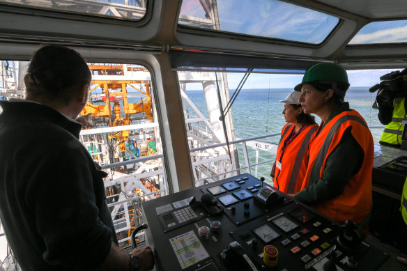 Energy Minister Lily D’Ambrosio with Fugro regional director Shalu Shajahan and Star of the South CEO Charles Rattray on board the Fugro Mariner.

