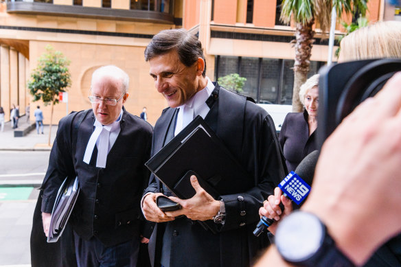 Roberts-Smith’s barristers, Arthur Moses, SC (centre), and Matthew Richardson, SC, arrive at the Federal Court in Sydney.