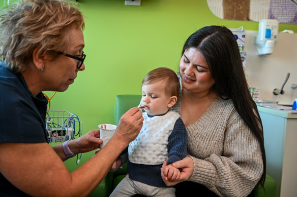 Hunter Chatwin, 10 months, and his mum Kirsten are involved in a new oral immunotherapy program at the Royal Children’s Hospital in Melbourne.