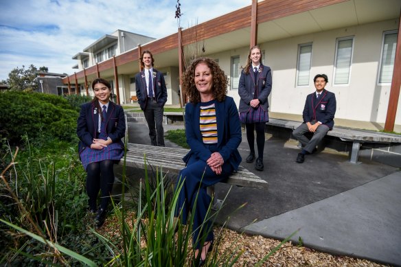 Casey Grammar principal Fiona Williams with year 12 students (from left) Kiarra Stevens, Alistair McKearney, Madison Legg and Zac Elicano. 