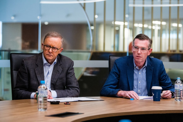 Prime Minister Anthony Albanese and NSW Premier Dominic Perrottet during a joint briefing last month. 