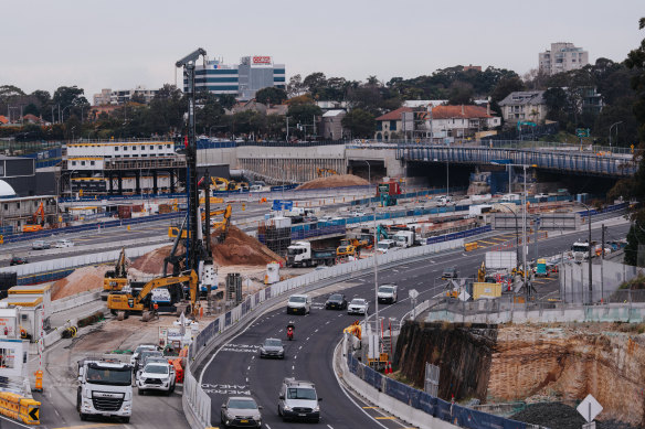 Western Harbour Tunnel construction at Ernest Street Bridge on Monday.