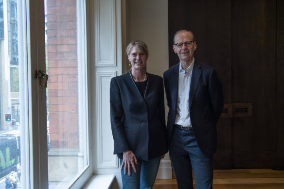ANZ’s group executive for Australian retail banking Maile Carnegie with chief executive Shayne Elliott at the launch of ANZ Plus in March 2022. 