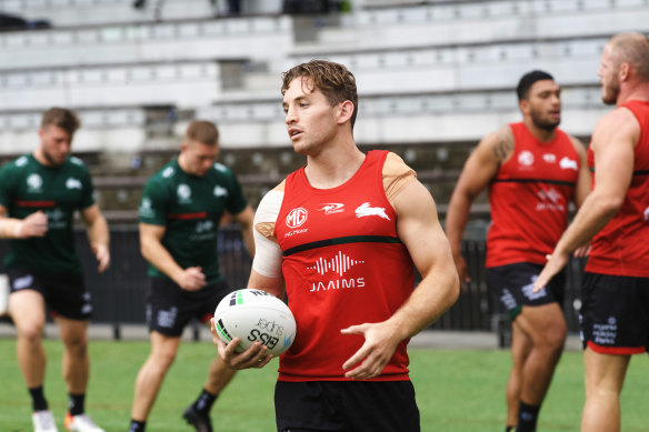 Rabbitohs captain Cameron Murray trains at Redfern on Tuesday.