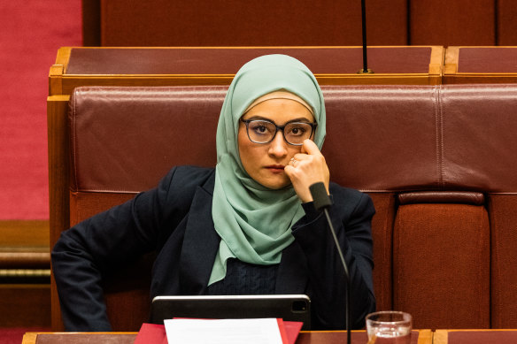 Senator Fatima Payman in question time on Wednesday.