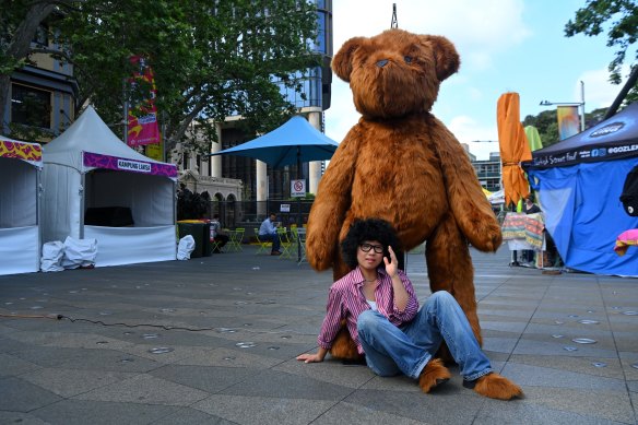 Artist EJ Son with installation Dancing Teddy 2.0, appearing in Parramatta as part of the Parramatta Lanes festival.