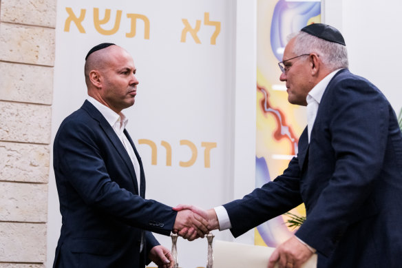 Prime Minister Scott Morrison attends a Passover Service at a synagogue in Hawthorn East with Treasurer Josh Frydenberg on Friday.