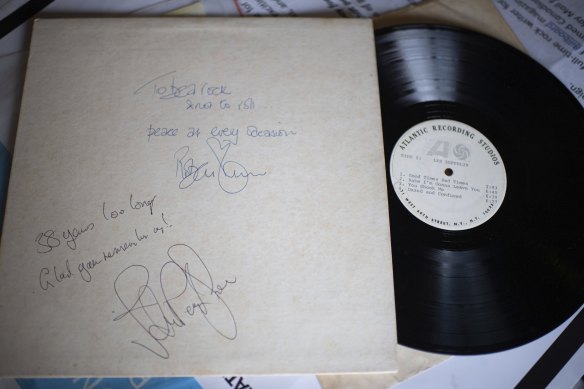 A signed white label test pressing of Led Zeppelin’s debut album.