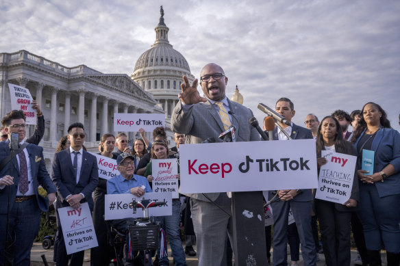 Democrat Jamaal Bowman joins a pro-TikTok rally in Washington last month.
