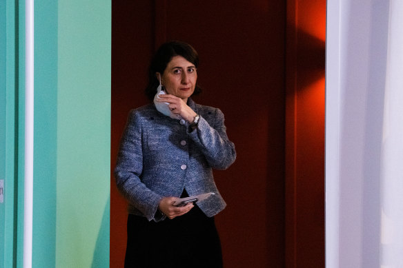 Gladys Berejiklian prepares to give her daily update on COVID-19 on Saturday.